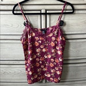 Floral Burgundy Lace Trim Cami Top Sz L